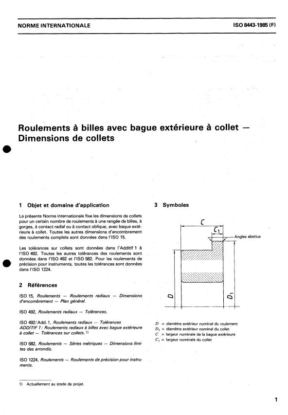 ISO 8443:1985 - Roulements a billes avec bague extérieure a collet -- Dimensions de collets