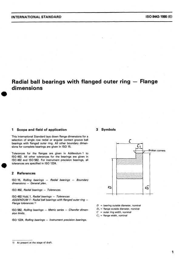 ISO 8443:1985 - Radial ball bearings with flanged outer ring -- Flange dimensions