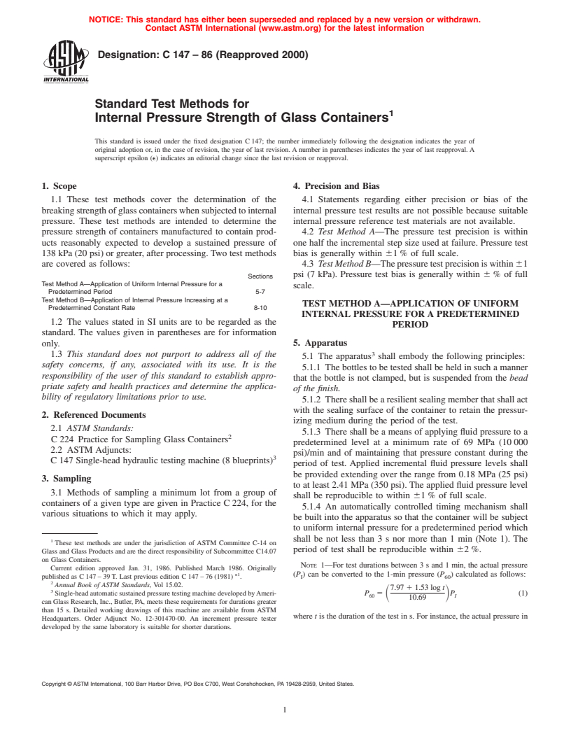 ASTM C147-86(2000) - Standard Test Methods for Internal Pressure Strength of Glass Containers