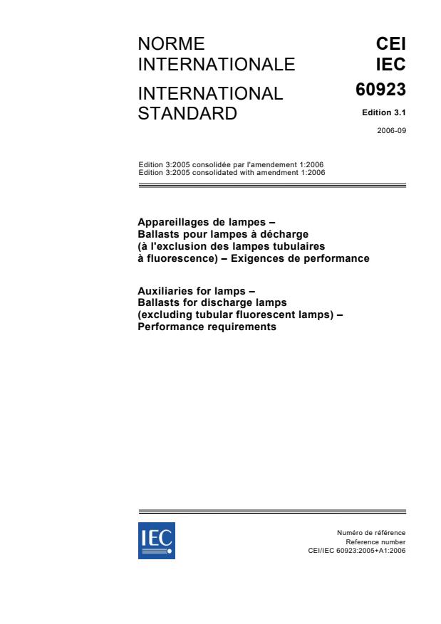 IEC 60923:2005+AMD1:2006 CSV - Auxiliaries for lamps - Ballasts for discharge lamps (excluding tubular fluorescent lamps) - Performance requirements