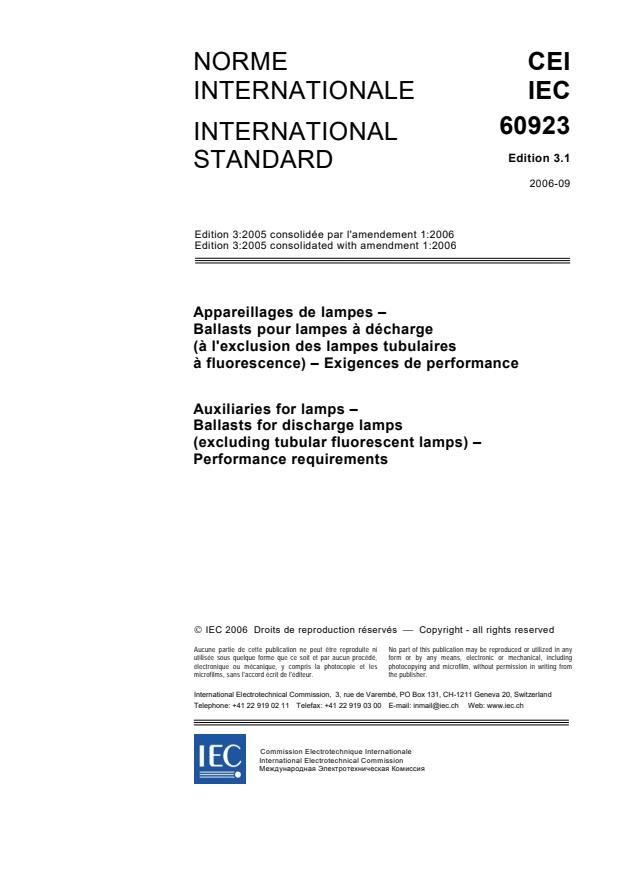 IEC 60923:2005+AMD1:2006 CSV - Auxiliaries for lamps - Ballasts for discharge lamps (excluding tubular fluorescent lamps) - Performance requirements
