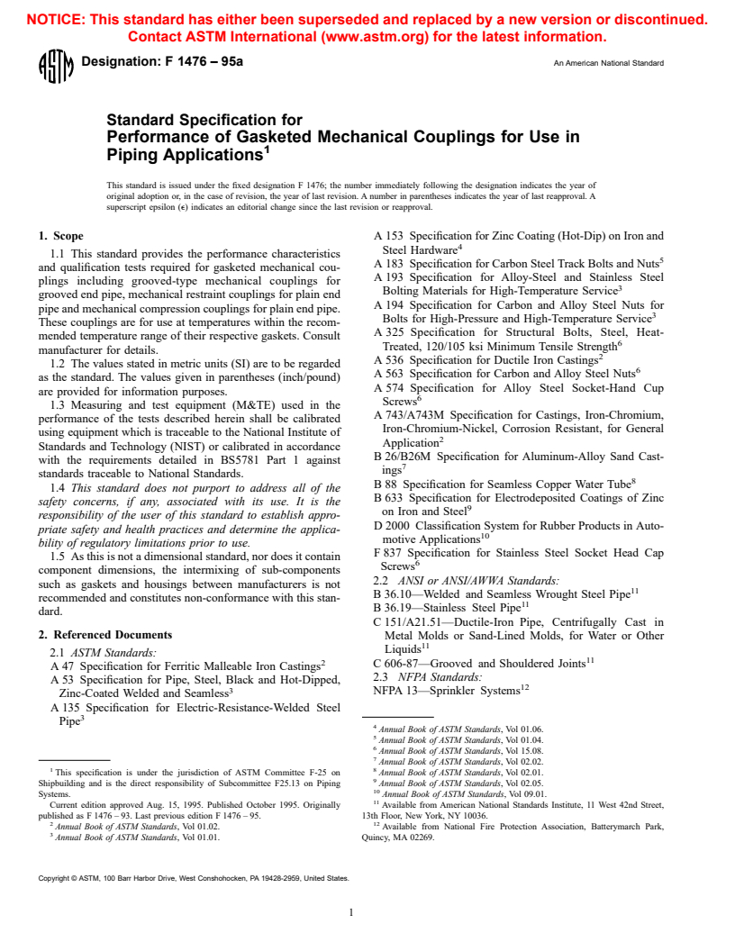 ASTM F1476-95a - Standard Specification for Performance of Gasketed Mechanical Couplings for Use in Piping Applications