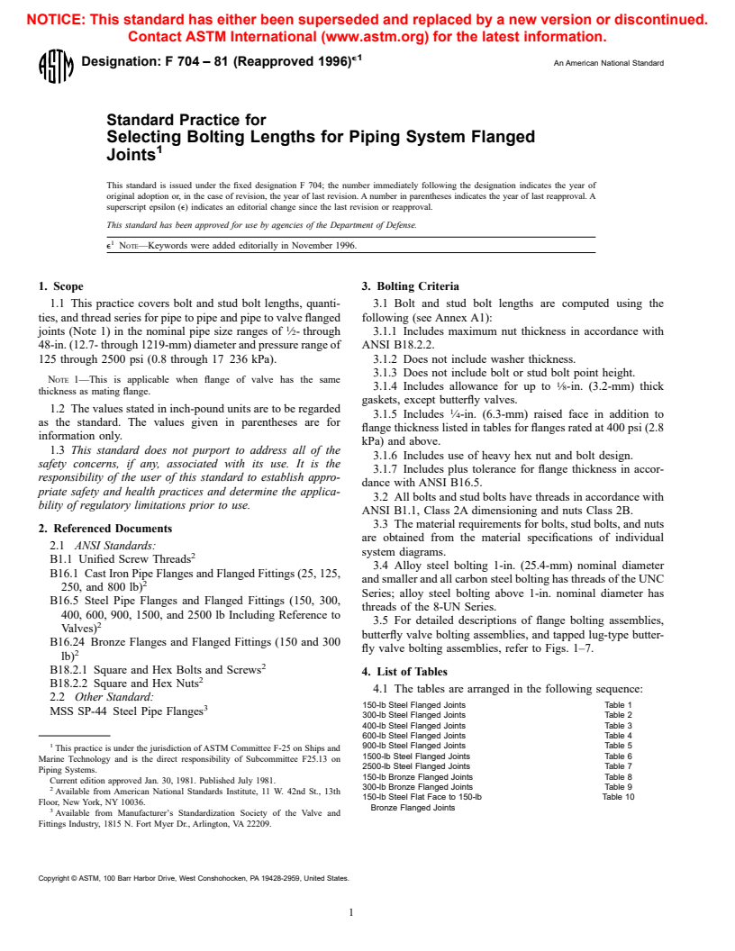 ASTM F704-81(1996)E1 - Standard Practice for Selecting Bolting Lengths for Piping System Flanged Joints