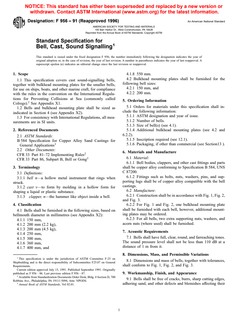 ASTM F956-91(1996) - Standard Specification for Bell, Cast, Sound Signalling