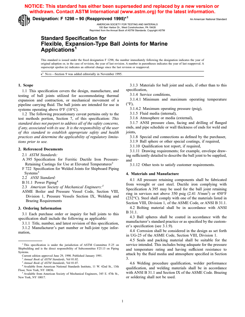 ASTM F1298-90(1995)e1 - Standard Specification for Flexible, Expansion-Type Ball Joints for Marine Applications