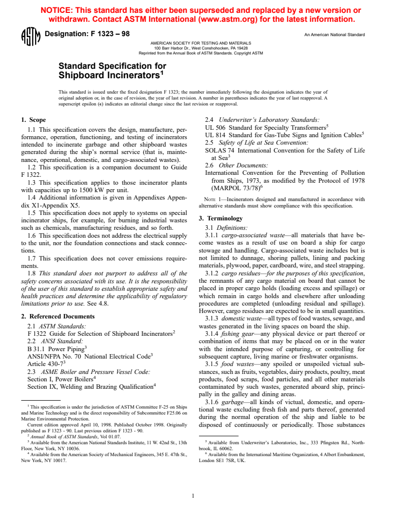 ASTM F1323-98 - Standard Specification for Shipboard Incinerators