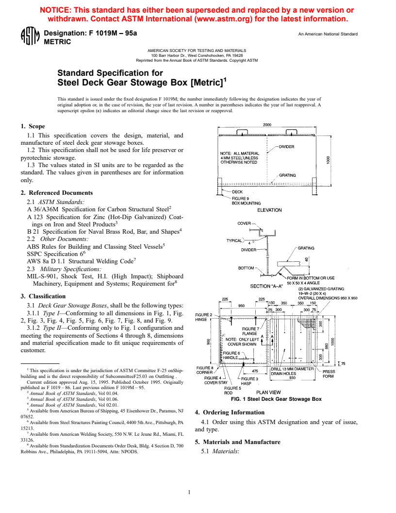 ASTM F1019M-95a - Standard Specification for Steel Deck Gear Stowage Box [Metric]