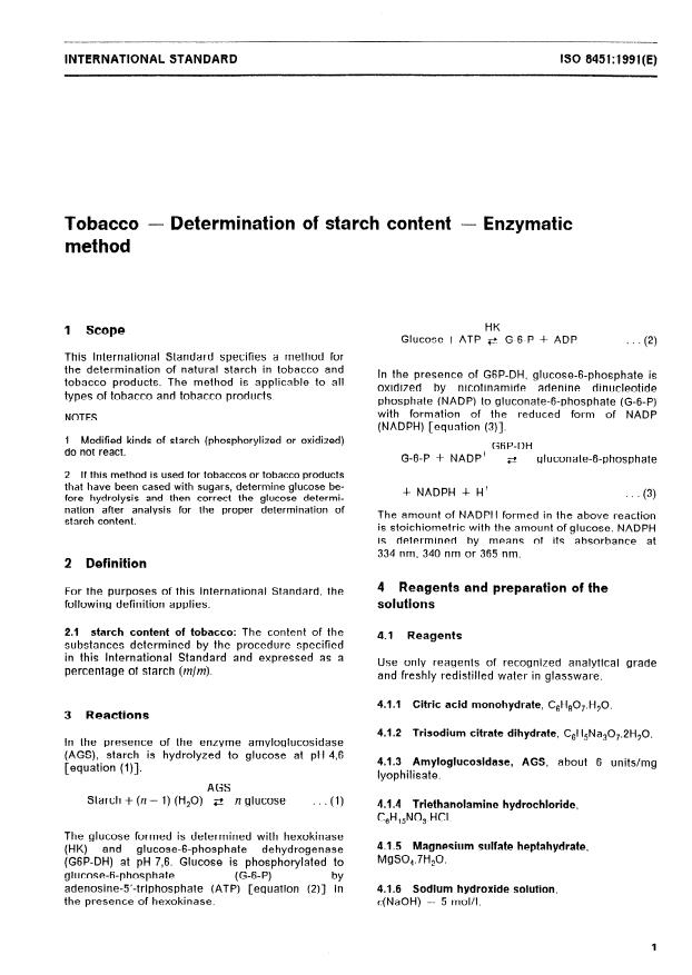 ISO 8451:1991 - Tobacco -- Determination of starch content -- Enzymatic method