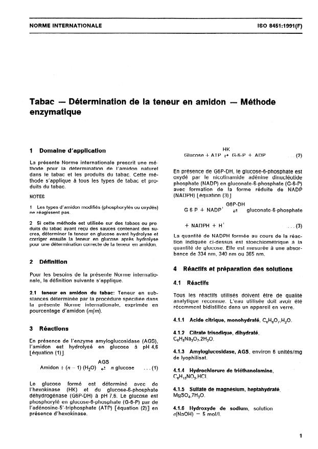 ISO 8451:1991 - Tabac -- Détermination de la teneur en amidon -- Méthode enzymatique