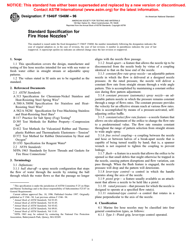 ASTM F1546/F1546M-96 - Standard Specification for Fire Hose Nozzles