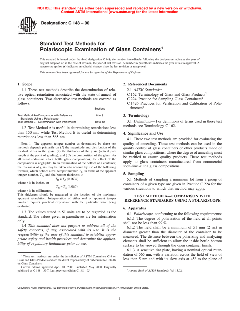 ASTM C148-00 - Standard Test Methods for Polariscopic Examination of Glass Containers