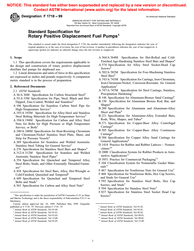 ASTM F1718-99 - Standard Specification for Rotary Positive Displacement Distillate Fuel Pumps