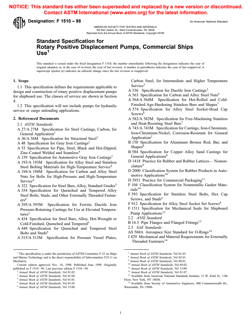 ASTM F1510-98 - Standard Specification for Rotary Positive Displacement Pumps, Commercial Ships Use