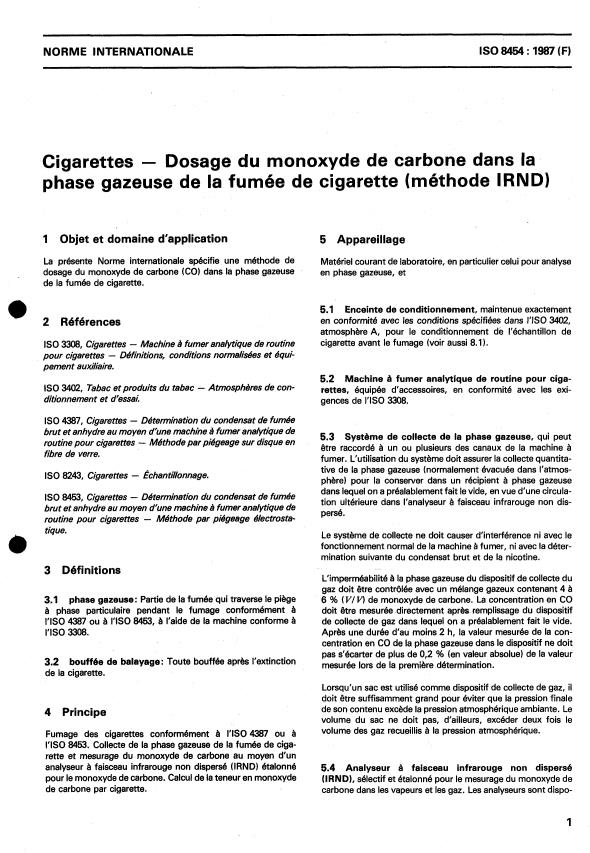 ISO 8454:1987 - Cigarettes -- Dosage du monoxyde de carbone dans la phase gazeuse de la fumée de cigarette (Méthode IRND)