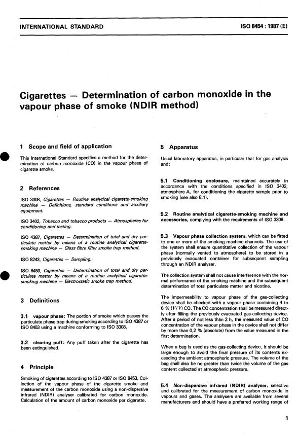ISO 8454:1987 - Cigarettes -- Determination of carbon monoxide in the vapour phase of smoke (NDIR method)