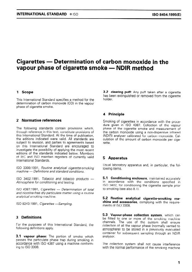 ISO 8454:1995 - Cigarettes -- Determination of carbon monoxide in the vapour phase of cigarette smoke -- NDIR method