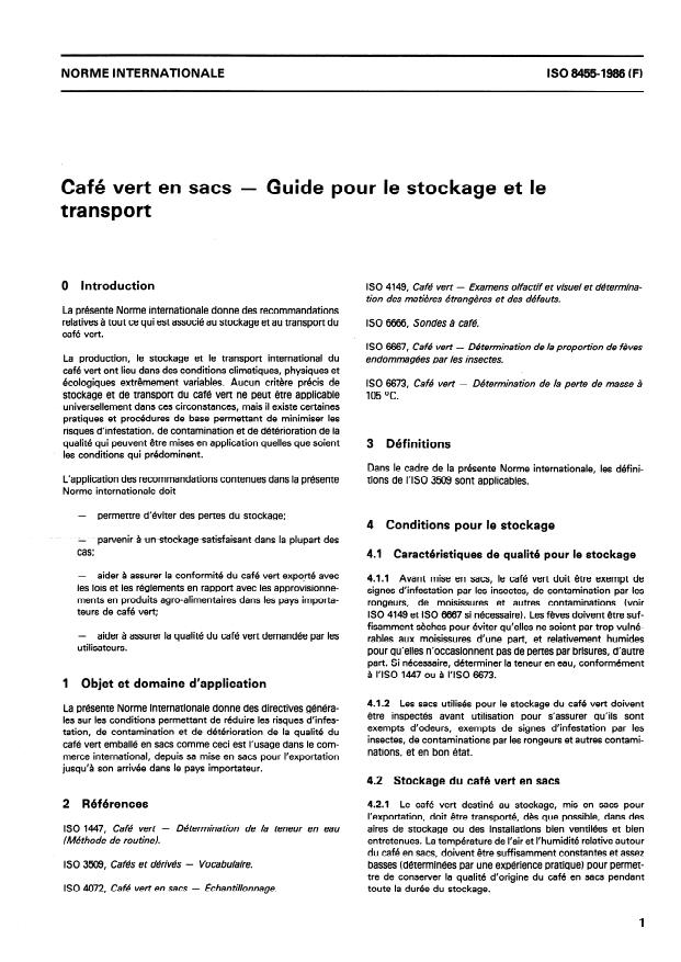 ISO 8455:1986 - Café vert en sacs -- Lignes directrices pour l'entreposage et le transport