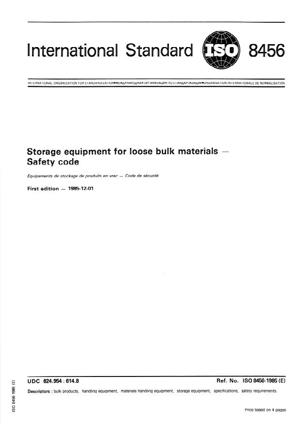 ISO 8456:1985 - Storage equipment for loose bulk materials -- Safety code