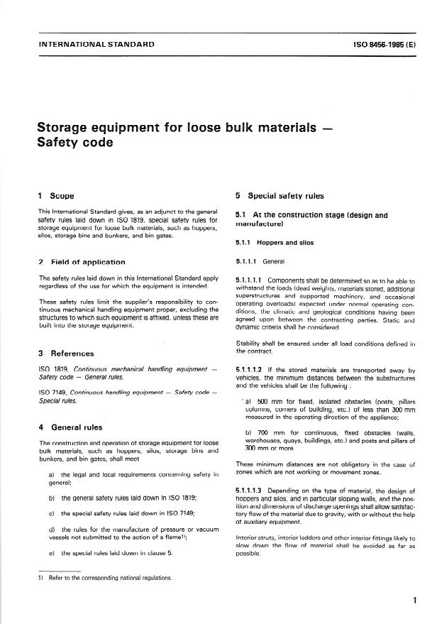 ISO 8456:1985 - Storage equipment for loose bulk materials -- Safety code