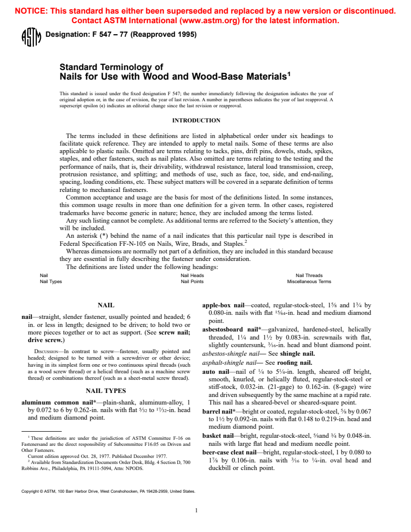 ASTM F547-77(1995) - Standard Terminology of Nails for Use with Wood and Wood-Base Materials