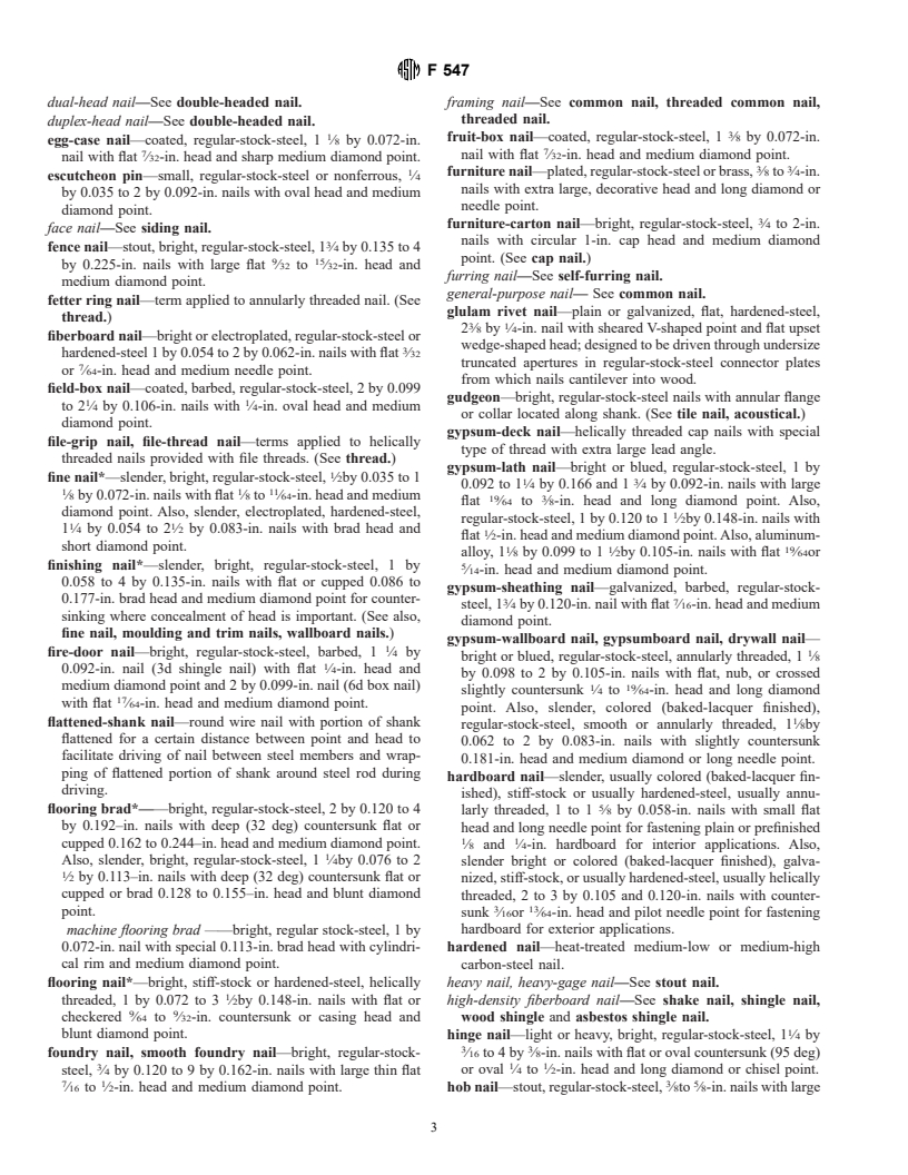 ASTM F547-77(1995) - Standard Terminology of Nails for Use with Wood and Wood-Base Materials