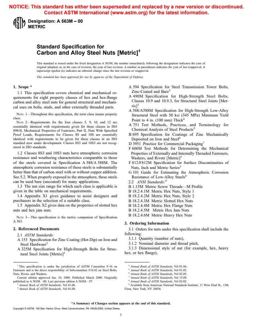 ASTM A563M-00 - Standard Specification for Carbon and Alloy Steel Nuts [Metric]