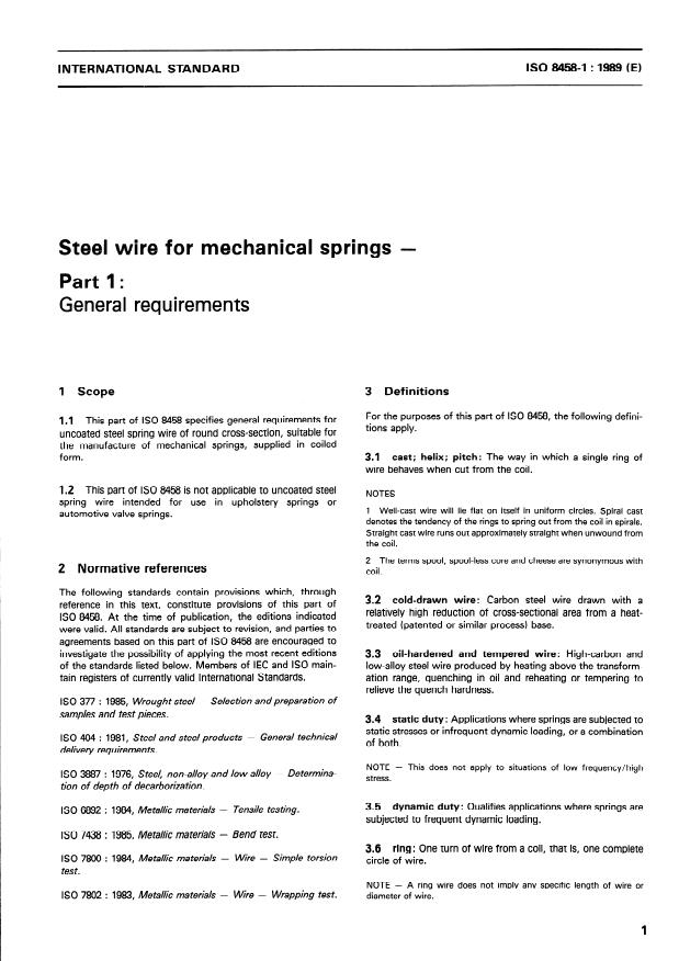 ISO 8458-1:1989 - Steel wire for mechanical springs