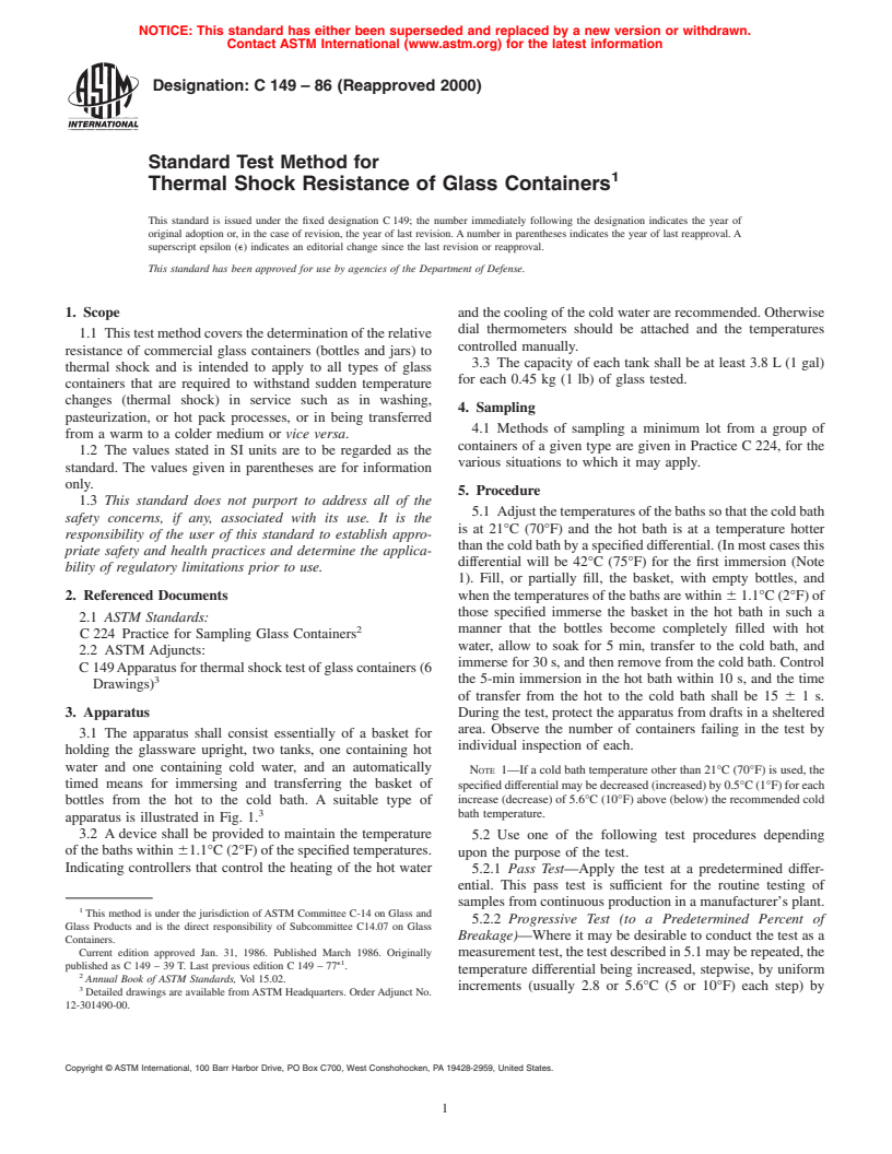 ASTM C149-86(2000) - Standard Test Method for Thermal Shock Resistance of Glass Containers