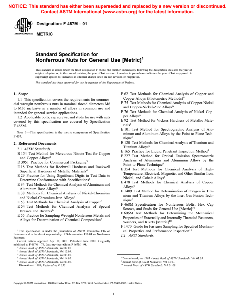 ASTM F467M-01 - Standard Specification for Nonferrous Nuts for General Use [Metric]