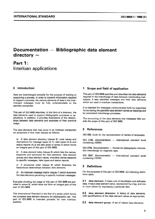 ISO 8459-1:1988 - Documentation -- Bibliographic data element directory