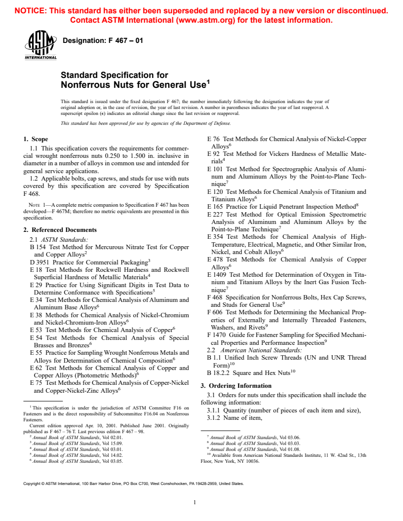 ASTM F467-01 - Standard Specification for Nonferrous Nuts for General Use