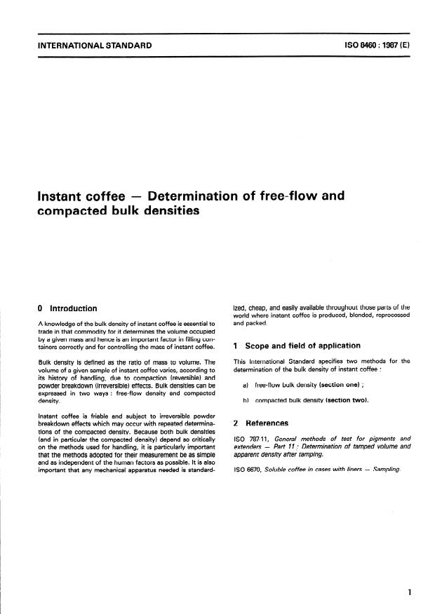 ISO 8460:1987 - Instant coffee -- Determination of free-flow and compacted bulk densities