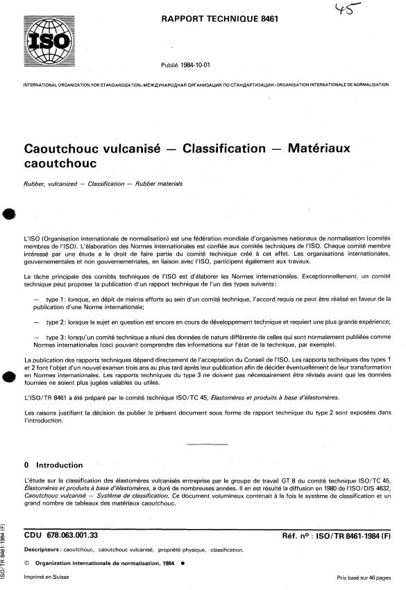 ISO/TR 8461:1984 - Caoutchouc vulcanisé -- Classification -- Matériaux caoutchouc