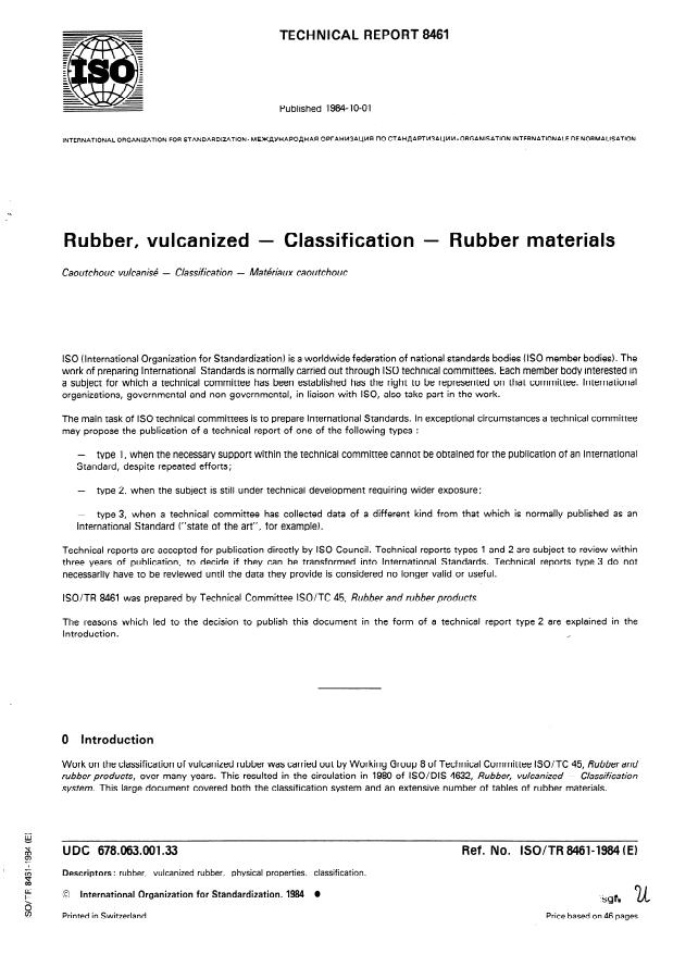 ISO/TR 8461:1984 - Rubber, vulcanized -- Classification -- Rubber materials