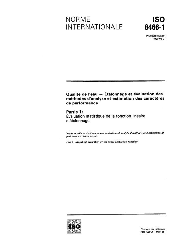 ISO 8466-1:1990 - Qualité de l'eau -- Étalonnage et évaluation des méthodes d'analyse et estimation des caracteres de performance