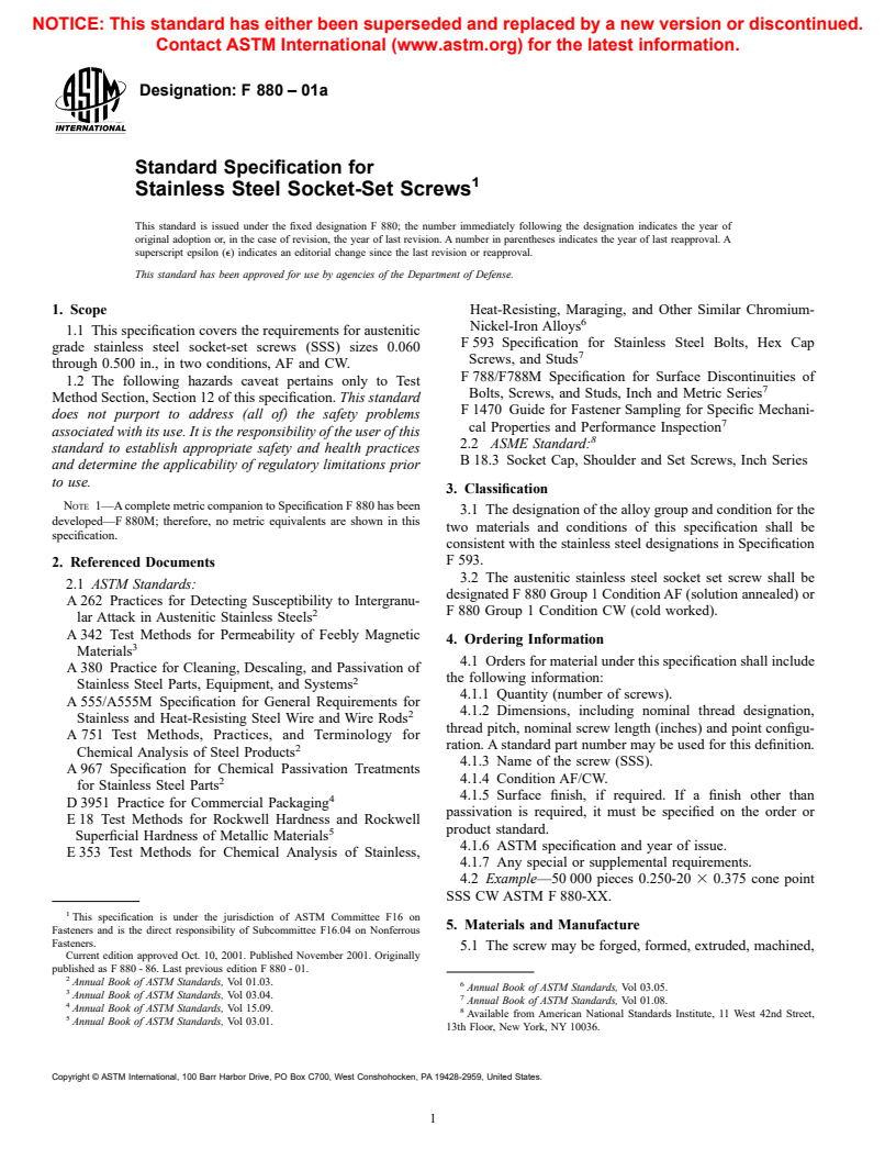 ASTM F880-01a - Standard Specification for Stainless Steel Socket-Set Screws