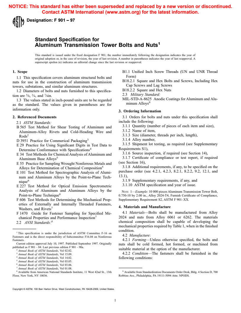 ASTM F901-97 - Standard Specification for Aluminum Transmission Tower Bolts and Nuts