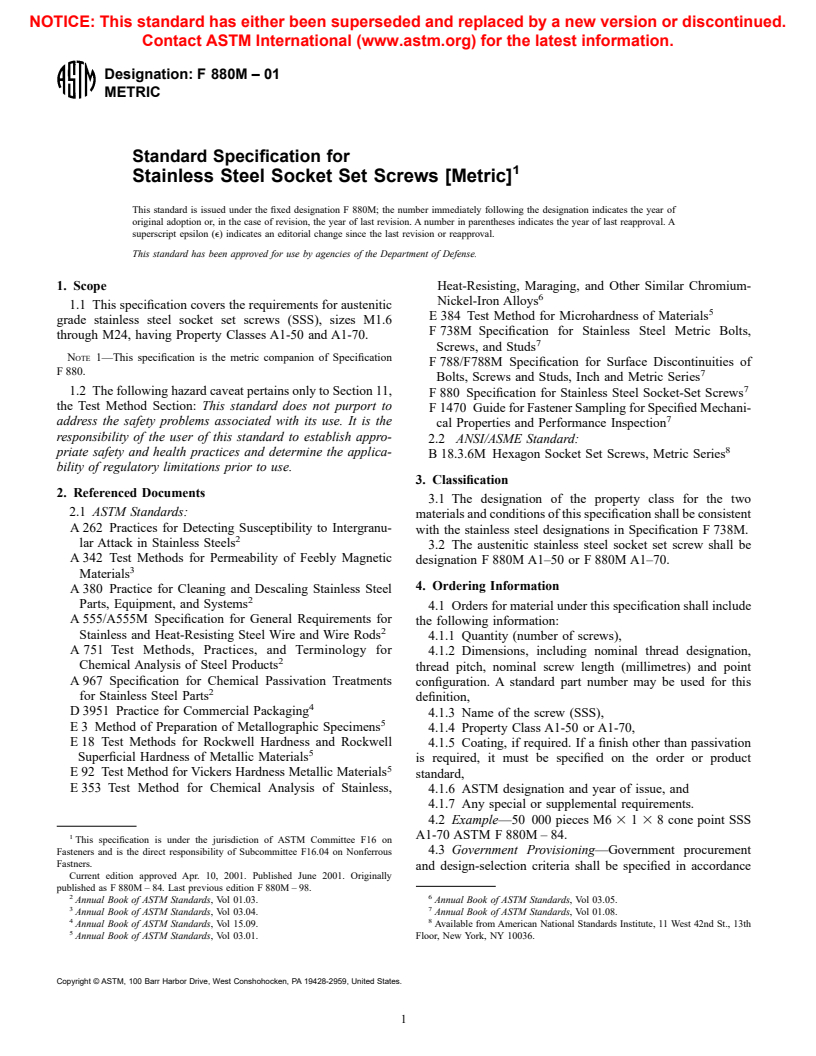 ASTM F880M-01 - Standard Specification for Stainless Steel Socket Set Screws [Metric]