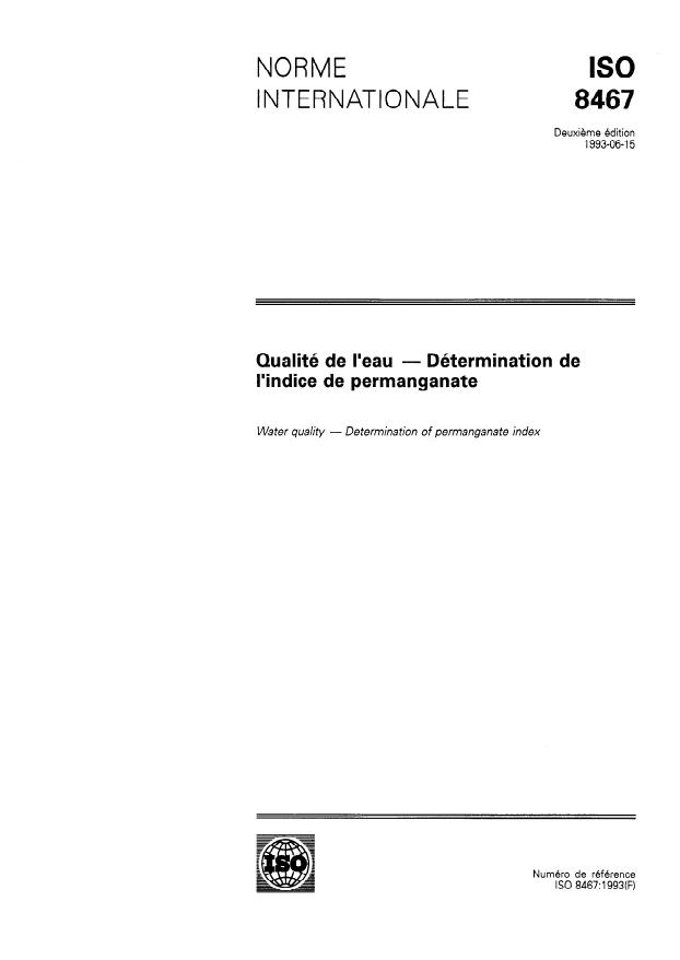 ISO 8467:1993 - Qualité de l'eau -- Détermination de l'indice de permanganate