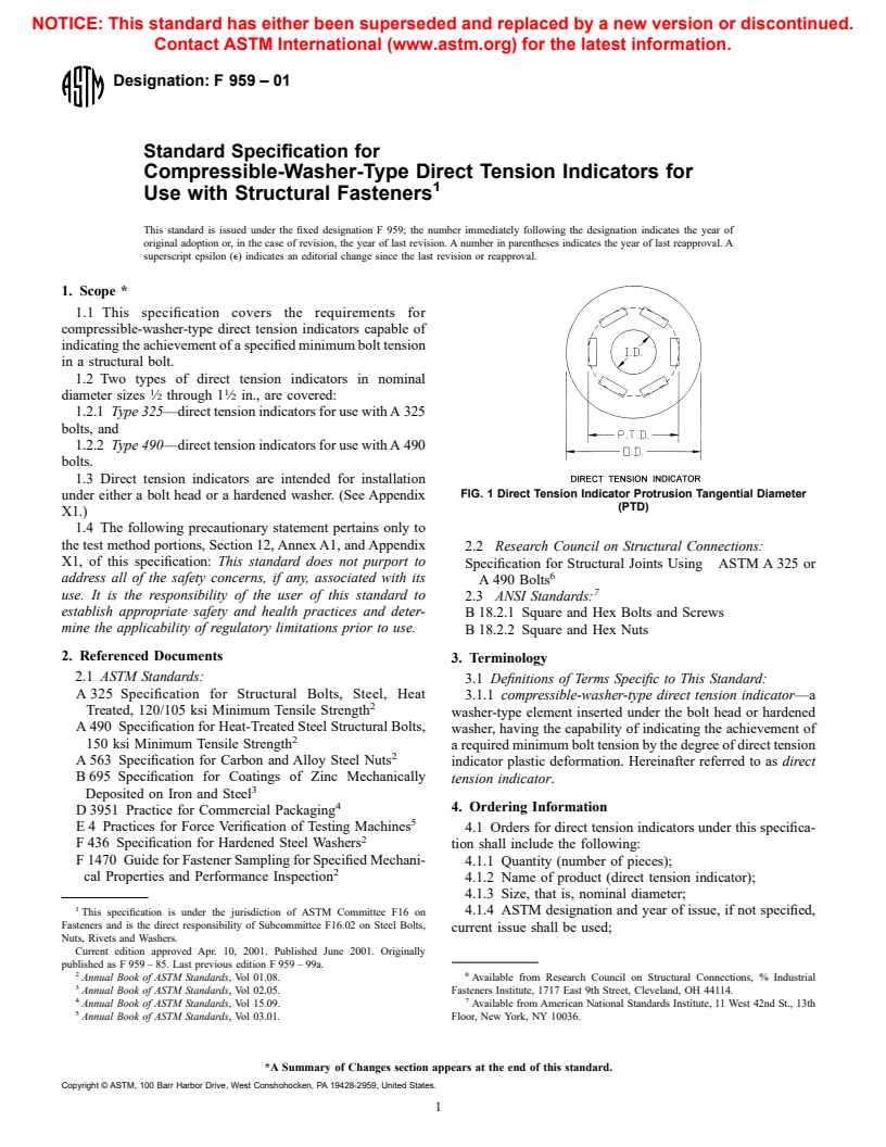 ASTM F959-01 - Standard Specification for Compressible-Washer-Type Direct Tension Indicators for Use with Structural Fasteners