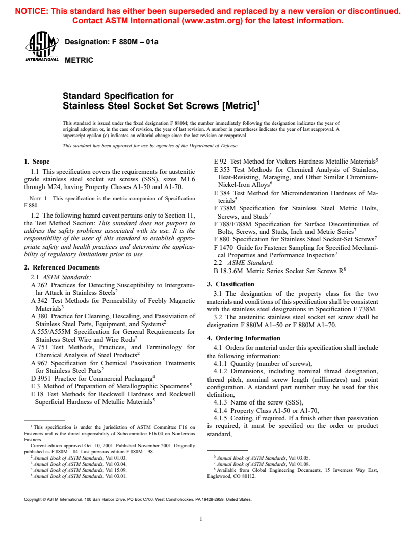 ASTM F880M-01a - Standard Specification for Stainless Steel Socket Set Screws [Metric]