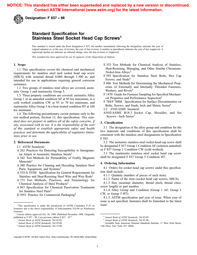 ASTM F837-98 - Standard Specification for Stainless Steel Socket Head Cap Screws