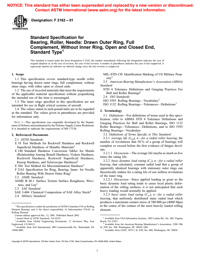 ASTM F2162-01 - Standard Specification for Bearing, Roller, Needle: Drawn Outer Ring, Full Complement, Without Inner Ring, Open and Closed End, Standard Type