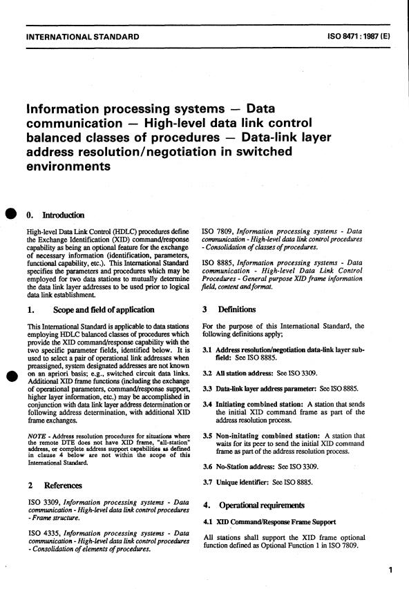 ISO 8471:1987 - Information processing systems -- Data communication -- High-level data link control balanced classes of procedures -- Data-link layer address resolution/negotiation in switched environments