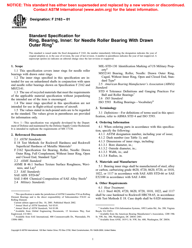 ASTM F2163-01 - Standard Specification for Ring, Bearing, Inner: for Needle Roller Bearing With Drawn Outer Ring