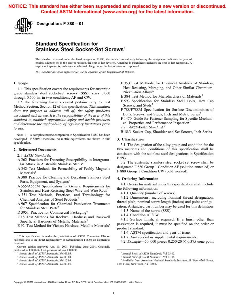 ASTM F880-01 - Standard Specification for Stainless Steel Socket-Set Screws