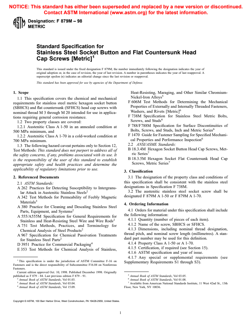 ASTM F879M-98 - Standard Specification for Stainless Steel Socket Button and Flat Countersunk Head Cap Screws [Metric]