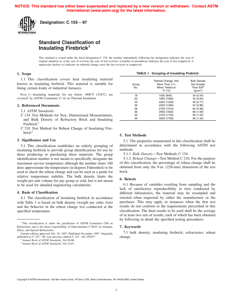 ASTM C155-97 - Standard Classification of Insulating Firebrick