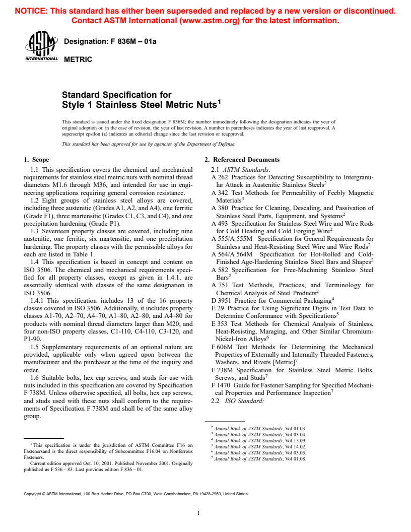 ASTM F836M-01a - Standard Specification for Style 1 Stainless Steel Metric Nuts