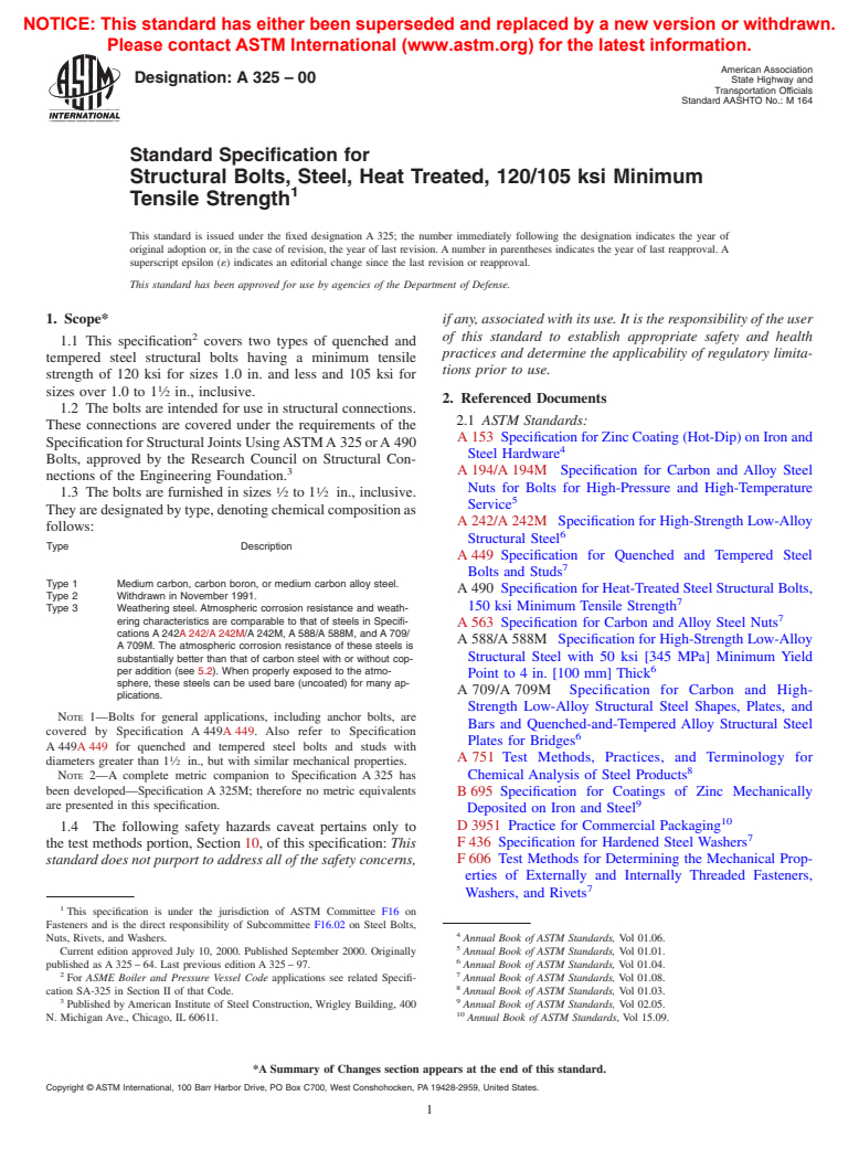 ASTM A325-00 - Standard Specification for Structural Bolts, Steel, Heat Treated, 120/105 ksi Minimum Tensile Strength